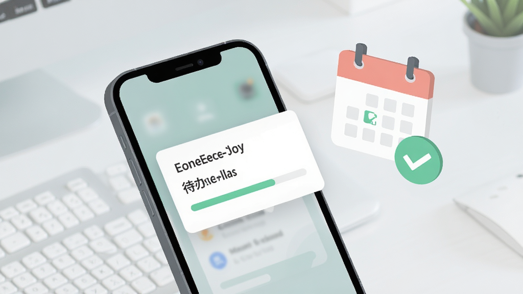 一部手机屏幕弹出市监e家的任务通知卡片,卡片上显示“待办任务”字样与进度条,手机旁边漂浮着日历与对勾图标,背景为浅灰色办公桌面,画面采用简洁的扁平化设计风格,布局清晰,色彩柔和,画质干净,无多余元素,图片中文字为“市监e家”