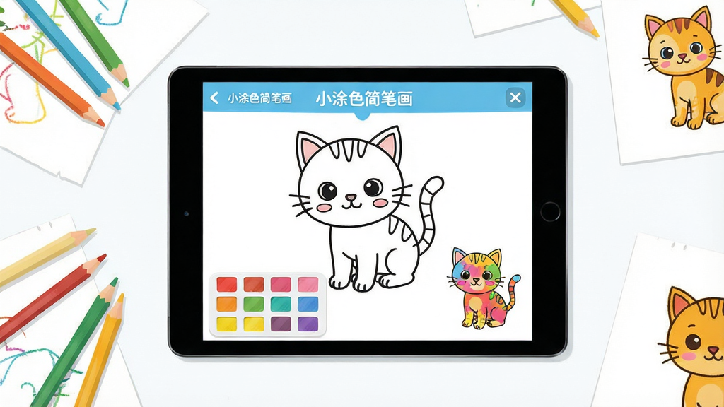 一张展示儿童涂色应用界面的场景图,画面中央是平板电脑屏幕,屏幕内显示一只卡通小猫的简笔画线稿与彩色调色盘,周围散落彩色铅笔与画纸,主体位于画面中心偏上,布局简洁留白充足,风格为清新明快的扁平插画,细节包含屏幕内“小涂色简笔画”文字标签、调色盘色块与已完成涂色的小猫图案,画质清晰干净,无多余元素