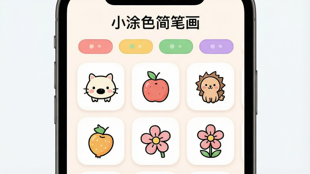 一张展示涂色素材分类界面的图片,画面主体为手机屏幕,屏幕内以网格形式排列动物、水果、花朵等分类图标,每个图标配一张代表性简笔画缩略图,布局为上下结构上方标题下方分类网格,风格为柔和圆角卡片式设计,细节包含“小涂色简笔画”顶部文字与彩色分类标签,画质清晰干净,无多余元素