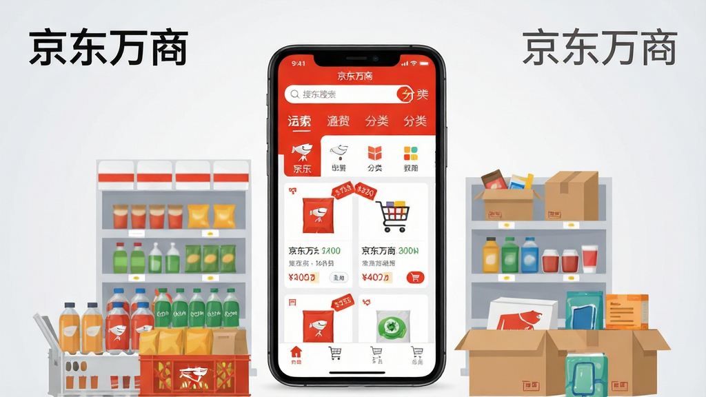 画面主体为一部竖屏智能手机,屏幕中央展示京东万商APP首页界面,顶部搜索栏与分类入口清晰可见,页面以京东红与白色为主色调,手机周围环绕摆放便利店货架、饮料箱、日用百货纸箱等进货场景元素,布局采用居中构图、左右对称的产品展示风格,背景为浅灰渐变干净底色,整体风格简洁商务、扁平化插画质感,细节上突出商品卡片、价格标签与购物车图标,画质清晰锐利、干净无多余元素,图片中可加入文字“京东万商”作为标题点缀
