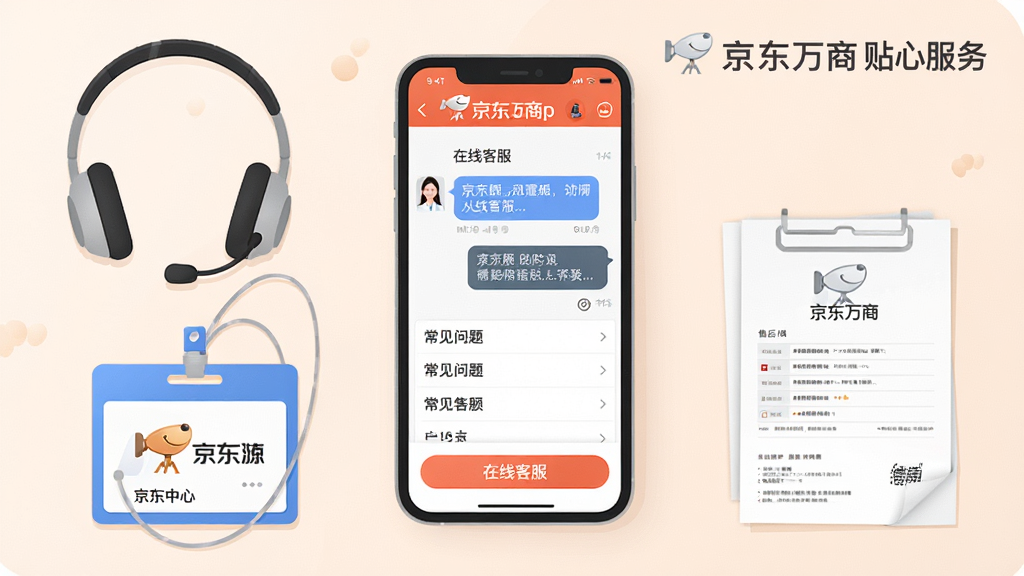 画面主体为京东万商APP客服中心界面,手机屏幕显示在线客服对话框与常见问题列表,手机旁配有耳机、客服工牌与售后单据,布局为手机居中、配件环绕的对称构图,风格为柔和商务扁平插画,细节突出对话气泡与“在线客服”按钮,画质清晰干净、无杂乱背景元素,图片中可加入文字“京东万商 贴心服务”
