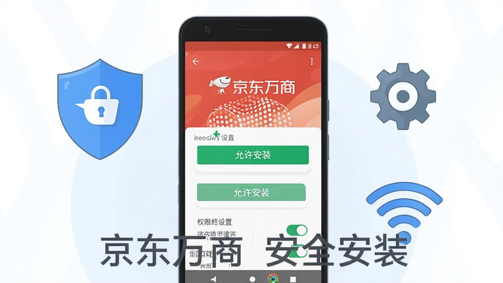 画面主体为一部安卓手机展示京东万商APP安装与权限设置界面,屏幕旁配有盾牌图标、齿轮设置图标与WiFi信号标识,布局为手机居中、安全元素环绕的构图,风格为清新科技扁平插画,细节突出“允许安装”按钮与权限开关,画质清晰干净、无多余装饰,图片中可加入文字“京东万商 安全安装”
