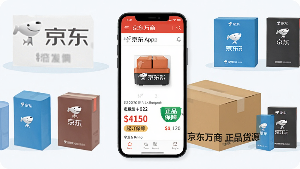 画面主体为京东万商APP商品详情页截图风格界面,页面展示商品主图、批发价格、起订数量与“正品保障”标识,手机屏幕旁配有京东物流纸箱与品牌商品整齐排列,布局为手机居中、商品环绕的展示结构,风格为清爽商务扁平插画,细节突出价格标签与库存数字,画质干净清晰、无杂乱装饰元素,图片中可加入文字“京东万商 正品货源”