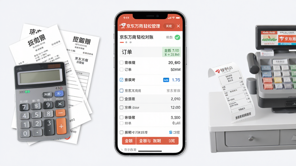 画面主体为手机屏幕展示京东万商订单管理与对账页面,页面内可见订单列表、金额汇总与账期标识,手机左侧放置计算器与发票单据,右侧摆放便利店收银台小票,布局为横向三栏式产品场景展示,风格为简约商务插画,细节突出数字表格与支付图标,画质高清干净、无多余元素,图片中可加入文字“京东万商 轻松对账”
