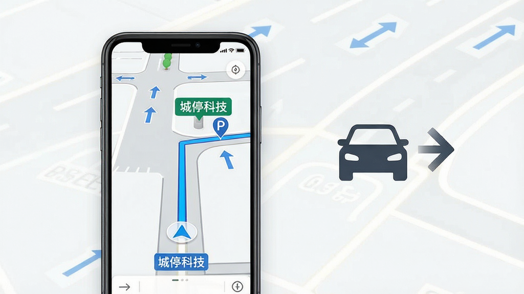 一张展示城停科技停车场导航功能的图片,画面主体为手机屏幕显示导航路线图,屏幕中可见蓝色路线指引与停车场入口标记,布局上手机位于画面中央偏左,右侧为简洁的汽车与箭头图标,排版为横版构图,风格为现代简约风,细节包括道路线条、转向箭头、距离数字,画质清晰干净,画面中文字为“城停科技”,无多余元素