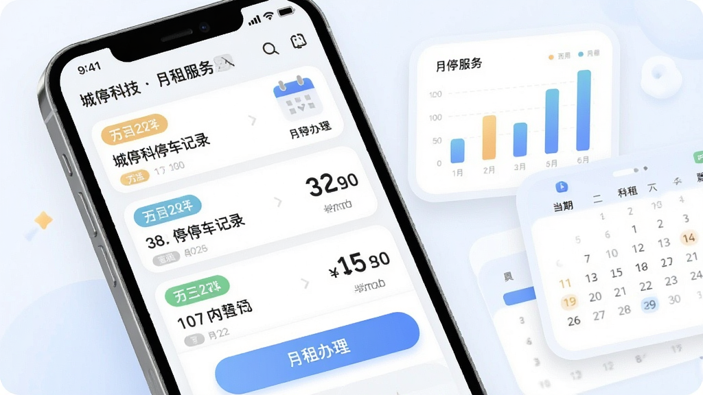一张展示城停科技停车记录与月租服务功能的图片,画面主体为手机屏幕显示历史停车记录列表与月租办理入口,屏幕中可见多条停车记录与日历图标,布局上手机位于画面左侧,右侧为简洁的图表与日历元素,排版为横版构图,风格为柔和圆角风,细节包括日期标签、费用数字、月租按钮,画质清晰干净,画面中文字为“城停科技”,无多余元素
