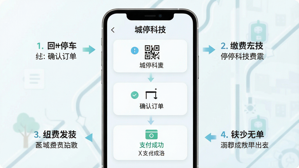 一张展示城停科技应用操作界面的图片,画面主体为手机屏幕显示停车缴费流程步骤图,屏幕中可见扫码、确认订单、支付成功三个步骤图标,布局上手机位于画面中央,周围环绕简洁的步骤箭头与说明文字,排版为竖版构图,风格为清新浅色风,细节包括步骤数字、图标、文字标签,画质清晰干净,画面中文字为“城停科技”,无多余元素