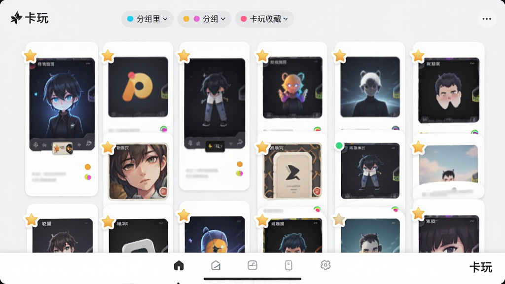 主体为卡玩收藏夹界面展示,布局为网格状卡牌缩略图排列,顶部有分组标签;排版疏密有致,视觉重心落在卡牌封面上;风格为简约卡片风,浅色背景;细节包括收藏星标图标、分组彩色圆点、底部导航栏简洁;画质高清,画面干净,无多余元素,界面角落有“卡玩”标识