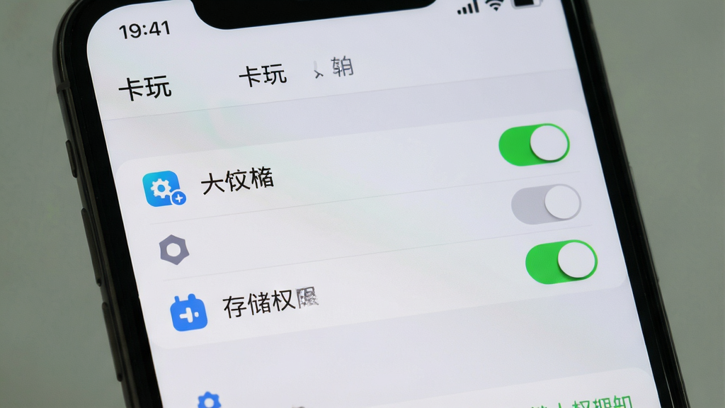 主体为手机屏幕展示卡玩应用安装权限设置界面,布局为居中特写,屏幕内显示权限开关列表;排版突出“存储权限”开关按钮;风格为系统设置界面写实风,浅灰背景;细节包括权限图标、开关高亮状态、顶部状态栏简洁;画质清晰,画面干净,无多余元素,界面标题为“卡玩”