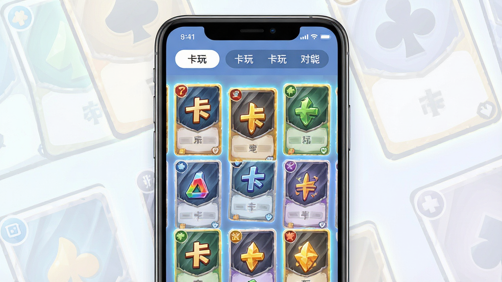 主体为一部智能手机正面展示卡牌收集类应用界面,布局采用居中构图,手机屏幕内呈现多张精美卡牌网格排列,顶部有分类筛选栏;排版突出手机与卡牌元素的层次感;风格为现代扁平化插画,色彩明亮清新;细节包括卡牌边缘微光、界面图标简洁、背景有淡淡的卡牌纹理装饰;画质高清,画面干净,无多余元素,屏幕内文字为“卡玩”