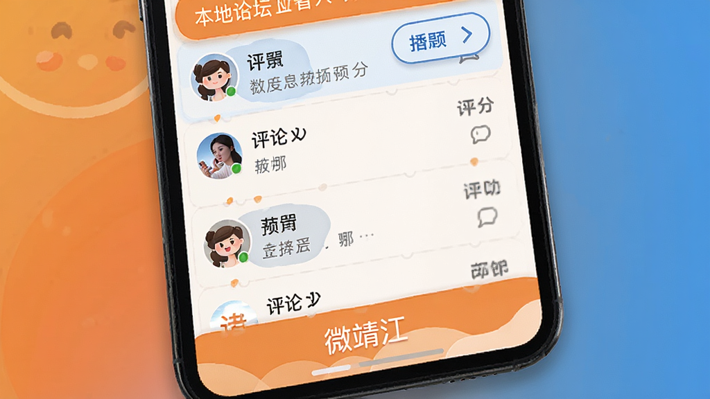手机界面展示本地论坛帖子列表与发帖按钮,帖子带有用户头像和评论数,页面底部有