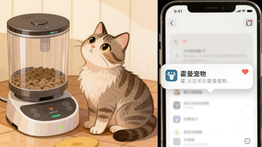画面主体为一只猫咪坐在智能喂食器旁抬头张望,旁边一部手机屏幕弹出“霍曼宠物”通知提醒气泡,布局为左右分栏,左侧宠物场景右侧手机界面,风格为温馨生活插画,细节突出通知图标与设备指示灯,画质柔和干净,无多余元素