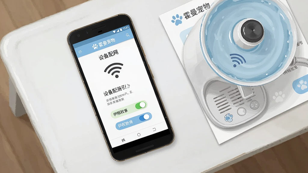 画面主体为一部安卓手机放置在桌面上,屏幕显示“霍曼宠物”App的设备配网引导页面,旁边摆放智能饮水机与说明书,布局为俯视桌面平铺构图,风格为清新写实插画,细节突出Wi-Fi图标与权限开关示意,画质干净明亮,无多余元素