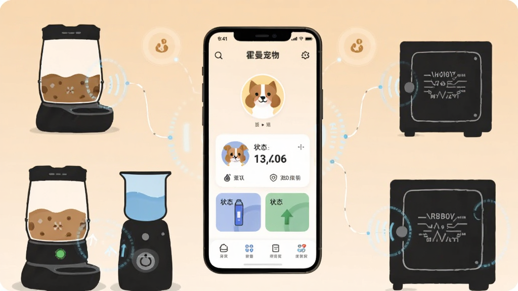 画面主体为一台智能手机居中竖放,屏幕内展示“霍曼宠物”App首页界面,包含宠物头像、设备卡片与状态图标;手机周围环绕智能喂食器、饮水机、烘干箱等设备剪影,布局采用中心对称构图,背景为浅暖色渐变,风格为扁平化科技插画,细节上突出设备连接线条与数据光圈,画质清晰干净,无多余元素