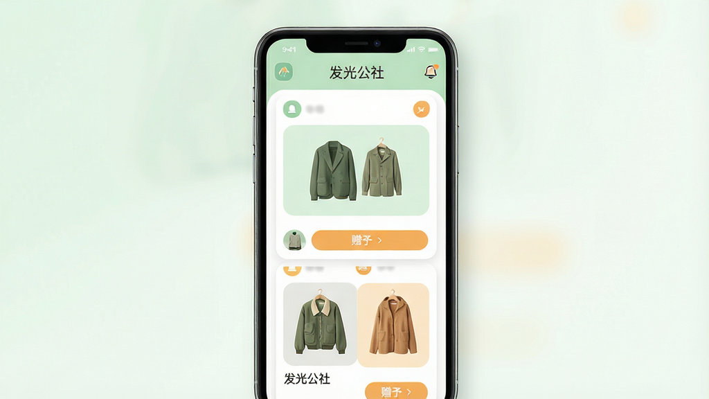画面主体为一款名为“发光公社”的手机应用界面展示,布局采用居中放置手机样机,屏幕内呈现衣物分享社区的信息流卡片,卡片上展示各类衣物图片与赠予按钮,排版简洁明快,风格为清新扁平化设计,细节包含柔和的绿色与暖橙色点缀、圆角图标、清晰的文字标签“发光公社”,画质高清,画面干净,无多余元素