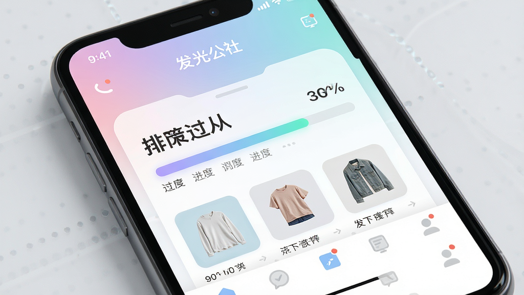 画面主体为一部智能手机屏幕显示发光公社应用内的“排队进度”页面,布局为手机正面特写,屏幕内容清晰可见,排版突出进度条与衣物缩略图,风格为科技感UI展示,细节包含柔和的界面配色、进度百分比数字、底部导航栏,画质锐利,画面干净,无多余元素,屏幕顶部显示“发光公社”