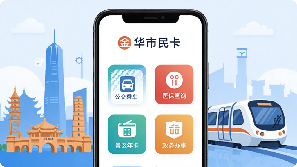 画面主体为一部竖屏智能手机,屏幕中央显示“金华市民卡”官方应用主界面,界面包含公交乘车码、医保查询、景区年卡、政务办事四个彩色功能图标;手机背景为金华城市地标剪影与轻轨列车元素;整体采用扁平化科技插画风格,色调以蓝白为主辅以暖橙色点缀;画面干净整洁,无多余装饰元素,高清画质,适合作为软件下载站介绍配图