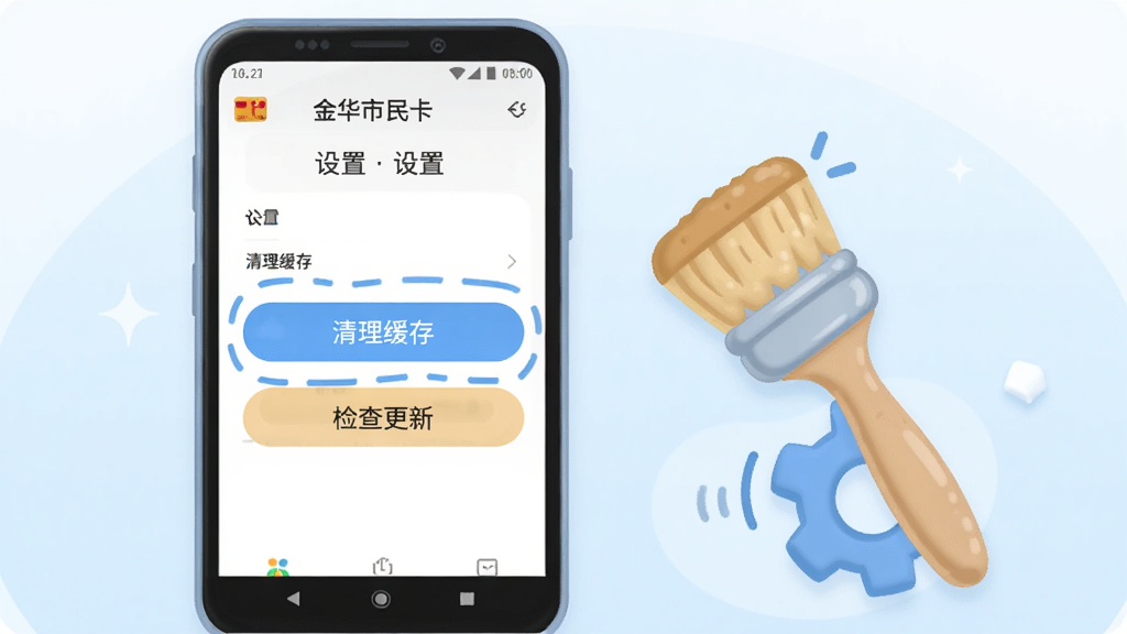 画面主体为一部安卓手机屏幕显示“金华市民卡”应用设置界面,界面中高亮标注“清理缓存”与“检查更新”两个按钮;手机旁放置一把小刷子与齿轮图标象征维护优化;整体采用柔和圆角插画风格,背景为浅蓝色渐变,画面干净无杂乱元素,画质清晰明亮