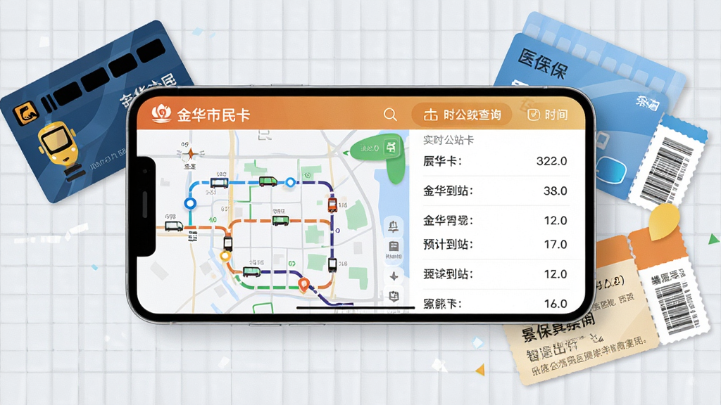 画面主体为一部手机横屏展示“金华市民卡”应用内的实时公交查询界面,屏幕左侧为线路地图与车辆位置标记,右侧显示预计到站时间列表;手机旁边散落着公交卡、医保卡与景区门票元素;整体采用现代简约插画风格,背景为浅灰色网格纹理,色彩清新明快,画质细腻干净,突出智慧出行主题