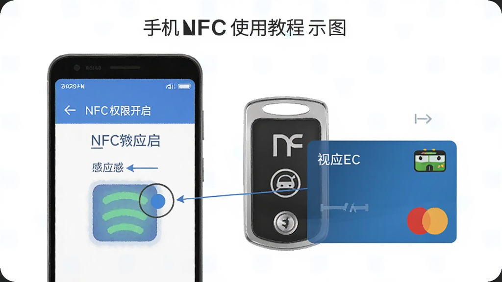 手机NFC使用教程示意图,安卓手机屏幕展示NFC权限开启步骤与感应区位置标注,旁边配有门禁卡与公交卡,界面清晰标注手机NFC软件名称,简洁信息图风格,配色清爽,画质干净