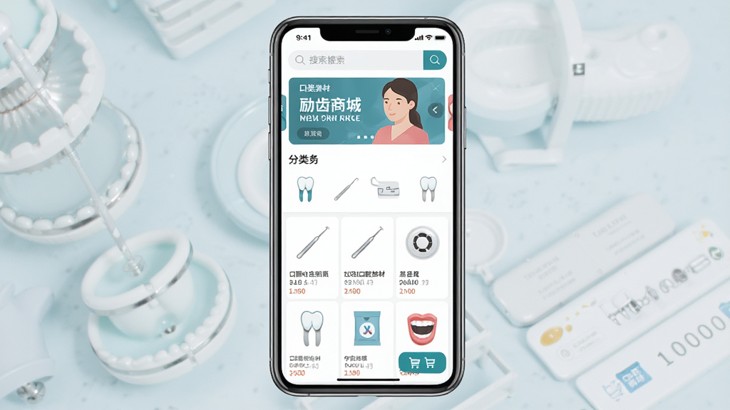 一张展示励齿商城移动端界面的场景图,画面主体为一部竖屏智能手机,屏幕内呈现商城首页的商品分类与口腔耗材列表,布局采用上下结构,上方为搜索栏与轮播图,下方为商品网格,风格为清爽的医疗电商界面,细节包含牙科器械图标与购物车按钮,画质清晰干净,无多余元素