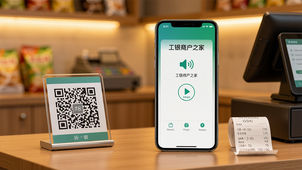 一部手机立在木质收银台上,屏幕显示“工银商户之家”收款成功页面与语音播报图标,旁边摆放着小型收款码立牌和打印出的流水小票;背景是温馨的店铺收银场景,暖色调灯光;风格写实且干净,细节清晰,画质高清