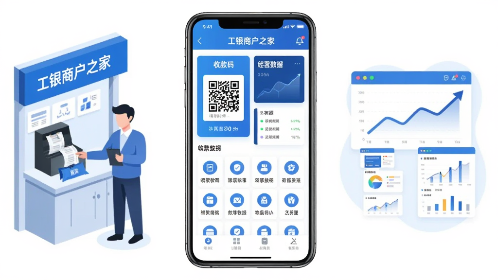 画面中央放置一部智能手机,屏幕上显示“工银商户之家”应用主界面,界面包含收款码、经营数据看板、功能图标网格等元素;手机两侧分别布置商户收款场景与数据报表的扁平化插画;整体采用科技蓝与白色为主色调的商务风格;细节上突出二维码收款标识与数据增长曲线;画质清晰干净,无多余元素