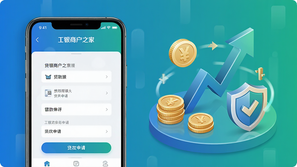 画面左侧展示“工银商户之家”手机界面中的贷款申请页面,右侧用立体图标表现资金流转与额度循环概念,包含钱币、增长箭头、盾牌安全标识等元素;整体采用蓝绿渐变商务风格,布局左右均衡;细节干净利落,画质清晰
