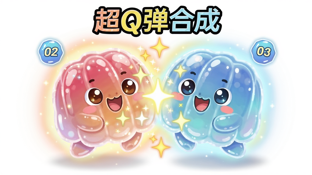 一张展示两个Q弹果冻角色合并瞬间的插画,主体为两个圆润发光的小生物碰撞在一起产生星星特效,布局为居中特写构图,排版简洁突出合并动作,风格为明亮卡通风格,细节包括合并光晕、等级数字标识、柔和阴影,画质高清,干净,无多余元素,画面中带文字“超Q弹合成”