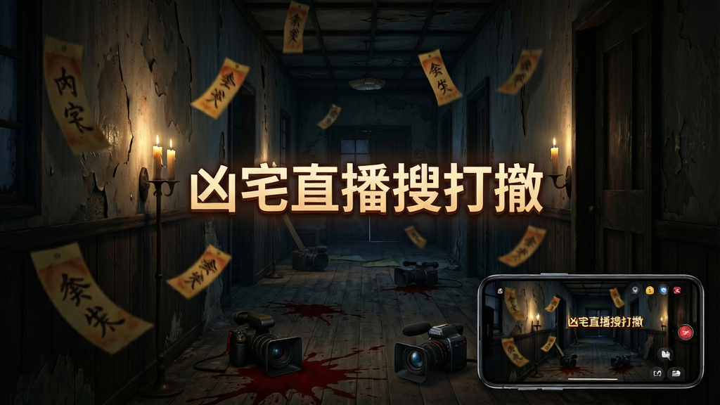 一张手机游戏宣传图,画面主体为昏暗的日式凶宅内部走廊,墙壁斑驳、烛光摇曳,中央悬浮着发光的游戏标题