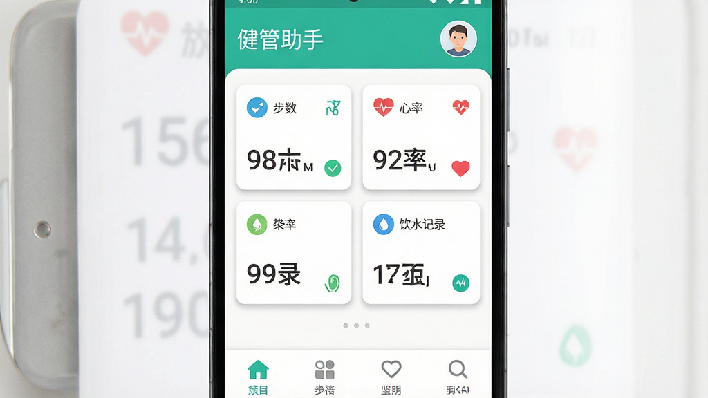 一张手机屏幕展示健康管理应用首页的画面,主体为居中放置的安卓手机,屏幕内呈现卡片式健康数据面板,包含步数、心率、饮水记录等模块,布局上方为应用名称“健管助手”与用户头像,中部为数据卡片两列排布,下方为功能入口图标行,排版整齐留白充足,风格为清爽现代的扁平化UI设计,细节上卡片带浅色阴影、图标线条简洁、数字字体清晰,画质高清,画面干净,无多余元素