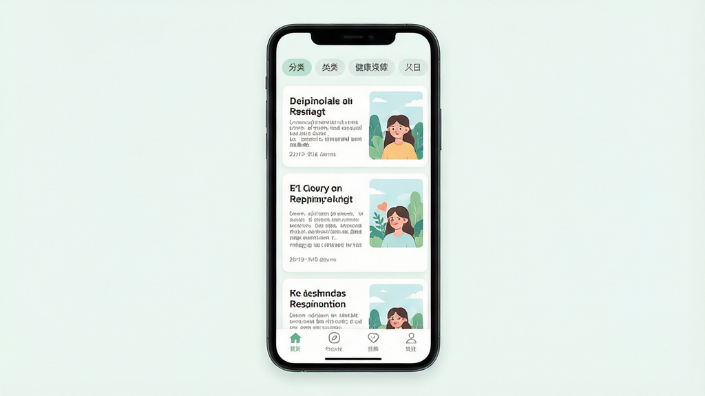 一张手机应用内健康资讯阅读页面的画面,主体为手机屏幕显示文章列表与配图,布局上方为分类标签栏,中部为图文混排的资讯卡片纵向排列,下方为底部导航栏,排版疏朗易读,风格为清新柔和的阅读类界面设计,细节上标题字号适中、配图为扁平插画风格、卡片间距均匀,画质高清,画面干净,无多余元素