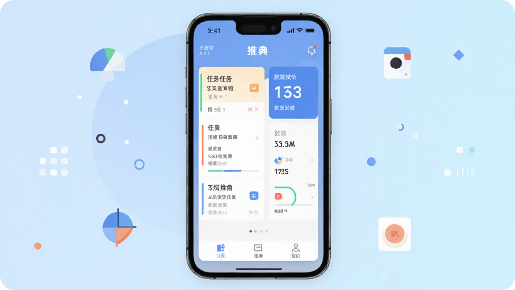 手机应用界面展示图,画面中央是一部竖屏智能手机,屏幕上显示“推典”应用主界面,包含任务列表卡片与数据概览模块,背景为浅蓝渐变,周围点缀简洁的几何图标元素,风格清爽现代,扁平化设计,细节清晰,画质干净,无多余元素