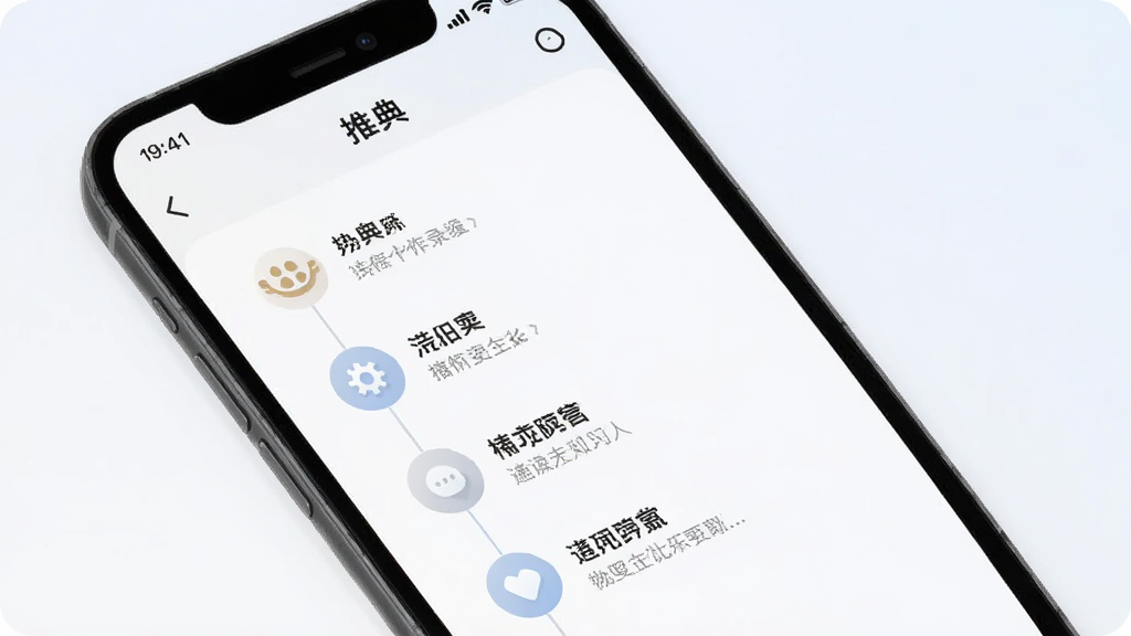 手机界面示意图,展示“推典”应用的操作记录时间线页面,竖向排列的时间节点带有图标与文字说明,背景为柔和浅色,风格清新素雅,排版整齐,画质干净,无多余装饰