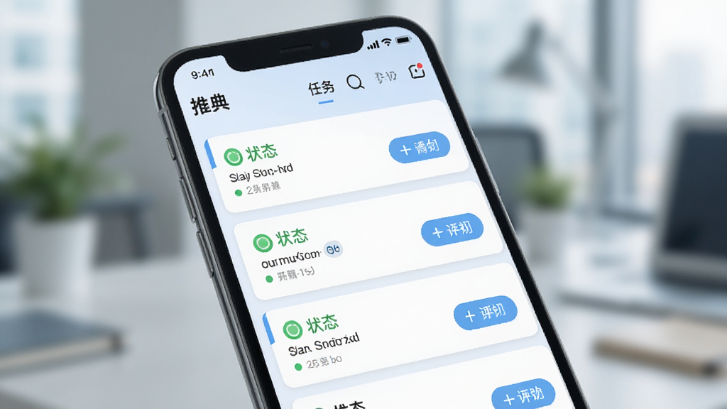 手机屏幕特写,展示“推典”应用中的任务管理列表界面,多条任务卡片纵向排列,每张卡片带有状态标签与操作按钮,配色以白色和浅蓝为主,背景虚化处理,风格简洁商务,画面干净,画质清晰