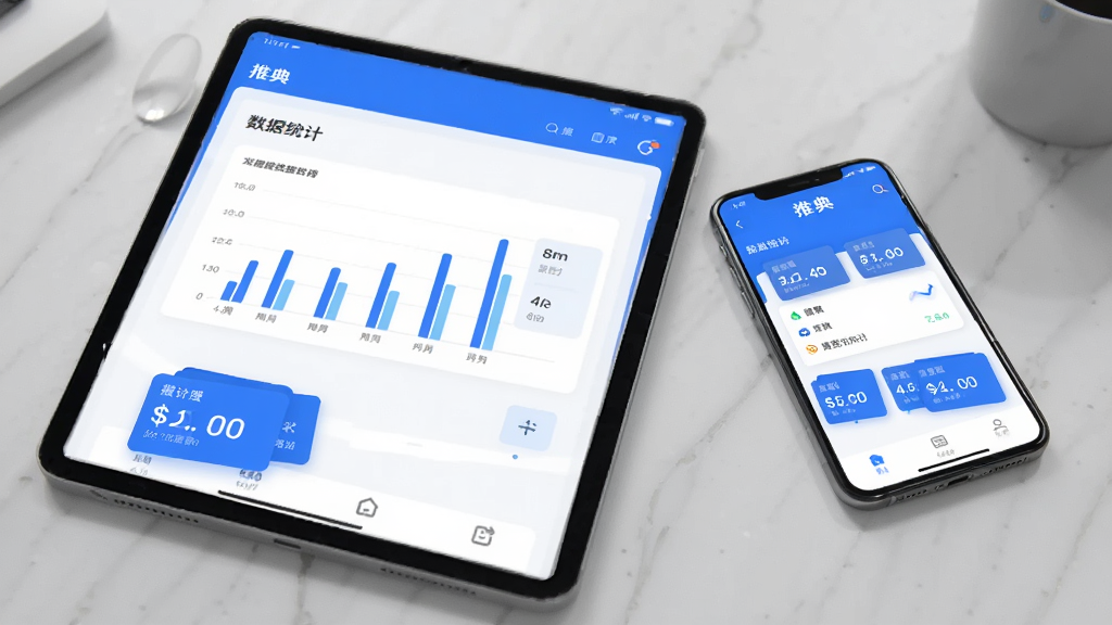 平板与手机组合展示图,屏幕上呈现“推典”应用的数据统计面板,包含柱状图与数字卡片,界面以蓝白配色为主,整体置于浅灰桌面背景上,风格现代简约,细节丰富,画质干净