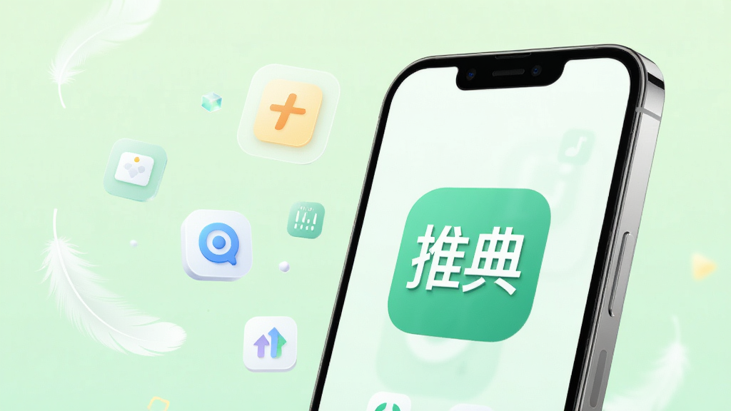 手机性能示意图,画面中一部手机旁漂浮着轻量化的图标与羽毛元素,手机屏幕上显示“推典”应用图标,背景为浅绿色渐变,风格轻盈简约,突出轻量低耗概念,画质干净,细节清晰