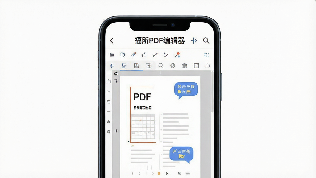一张展示福昕PDF编辑器移动端界面的场景图,主体是一部竖屏智能手机,屏幕中央显示福昕PDF编辑器的文档编辑界面,上方有“福昕PDF编辑器”字样,布局为手机居中、四周留白,排版简洁,风格为现代科技感扁平插画,细节包括工具栏图标、PDF页面缩略图、批注气泡,画质清晰干净,无多余元素