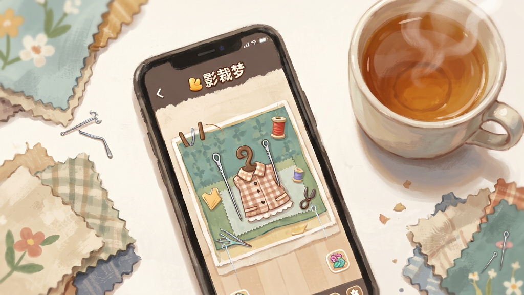 画面为手机屏幕特写展示针影裁梦游戏运行界面,旁边放置一杯热茶与布料样品,布局为桌面俯视视角,风格为生活化清新摄影感插画,细节包含手机边框与屏幕内的裁衣画面,画质柔和干净无多余元素