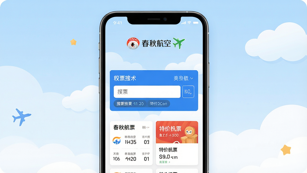 一张手机屏幕展示春秋航空APP首页界面,画面中央为蓝白色调的机票搜索框,上方有春秋航空标志与绿色飞机图标,背景为淡蓝色天空与云朵,布局简洁清晰,风格为现代扁平化UI设计,细节包含航班卡片、特价机票横幅,画质高清,干净,无多余元素