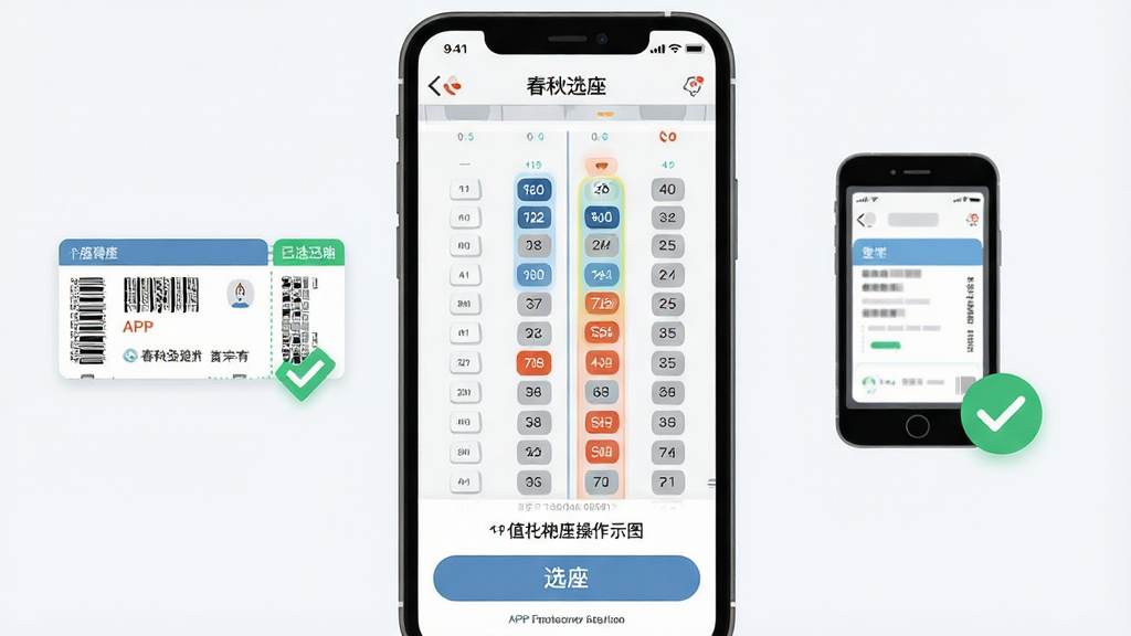 一张春秋航空APP值机选座操作示意图,画面主体为手机屏幕显示飞机座位分布图与已选座位高亮标记,屏幕旁有电子登机牌图标与绿色对勾,布局为居中展示,风格为清爽浅色扁平设计,细节包含座位编号、选座按钮、提示文案,画质高清,干净,无多余元素