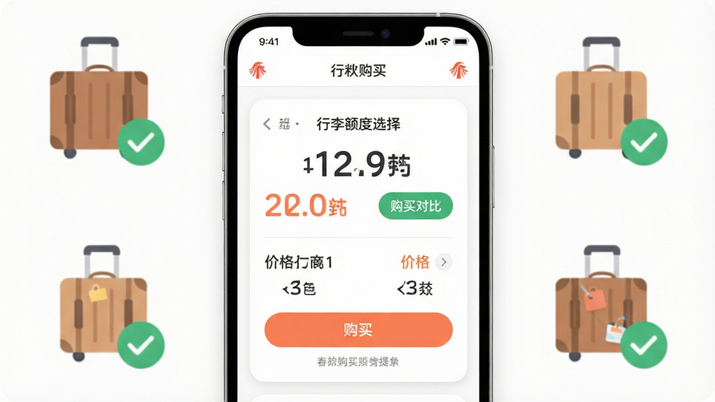 一张春秋航空APP行李额购买页面示意图,画面主体为手机屏幕展示行李额度选择卡片与价格对比,屏幕周围有行李箱图标与绿色勾选标记,布局为居中排版,风格为柔和圆角扁平设计,细节包含额度数字、购买按钮、提示文字,画质高清,干净,无多余元素