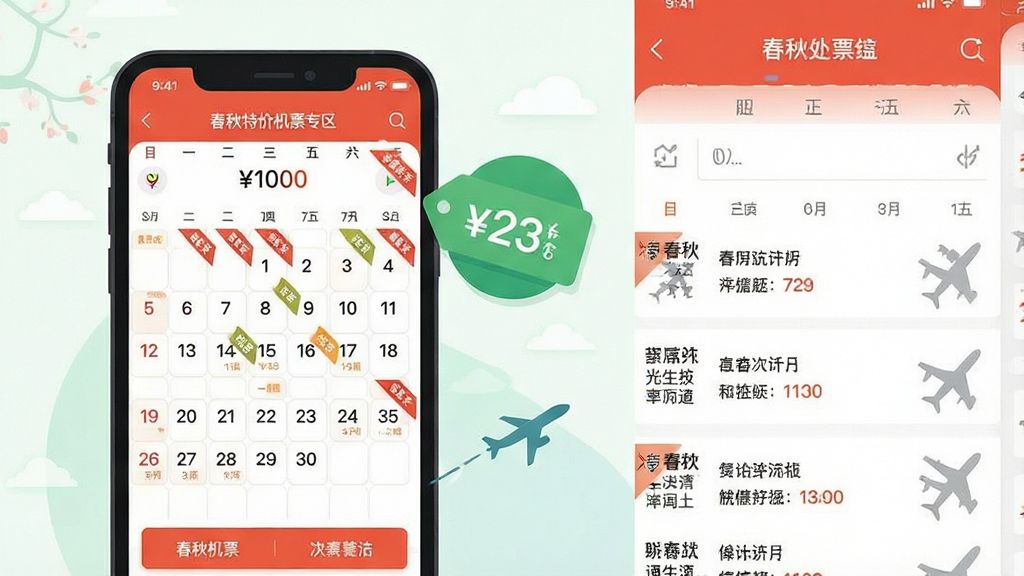 一张春秋航空APP特价机票专区界面截图风格插画,画面主体为手机屏幕显示价格日历与低价航班列表,屏幕旁有绿色价格标签与飞机剪影,布局为左右分栏,风格为清新商务扁平风,细节包含日历格子、折扣角标、航线文字,画质高清,干净,无多余元素