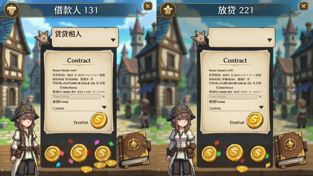 画面主体为异世界:贷贷相传游戏中的借贷交易场景,布局为左右分栏展示借款人与放贷界面,排版清晰展示合同与金币图标,风格为日系RPG游戏UI风格,细节包含奇幻城镇背景、角色对话气泡、金币与账本元素,画质精致,干净无多余元素