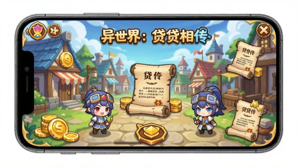 画面主体为一款名为“异世界:贷贷相传”的手机游戏图标与界面展示,布局采用中心对称构图,排版以游戏主界面截图居中放置,风格为日系奇幻卡通风格,细节包含异世界城镇背景、金币与契约卷轴元素、Q版角色形象,画质清晰明亮,干净整洁,无多余元素