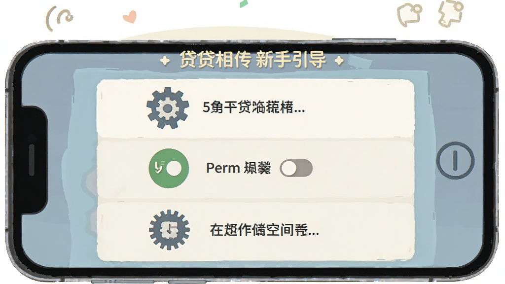 画面主体为异世界:贷贷相传新手引导界面截图风格插图,布局为手机屏幕居中展示操作步骤,排版以分步图标与文字说明排列,风格为扁平化教程插画风格,细节包含手机、设置齿轮、权限开关、存储空间图标,画质清晰简洁,干净无多余元素