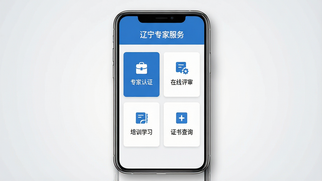 画面主体为一款名为“辽宁专家服务”的手机应用界面展示,采用正面平视布局,手机居中放置于画面中央,屏幕内呈现政务服务平台首页,包含专家认证、在线评审、培训学习、证书查询四个功能入口卡片;整体排版简洁对称,风格为现代政务扁平化设计,配色以蓝白为主,辅以浅灰分割线;细节上手机边缘带有柔和阴影,背景为纯净浅灰渐变,画面干净无多余装饰元素,文字清晰可辨,画质高清,整体呈现专业、可信的视觉感受