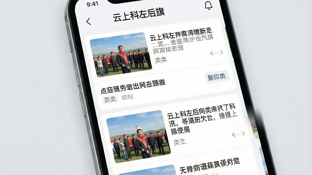 一张手机应用新闻列表页面的特写图,画面主体为手机屏幕,屏幕上展示多条新闻标题卡片,卡片带有缩略图和分类标签,布局为纵向排列,风格清爽简约,细节丰富,画质清晰,背景为柔和浅灰色,干净无多余元素,屏幕顶部显示文字