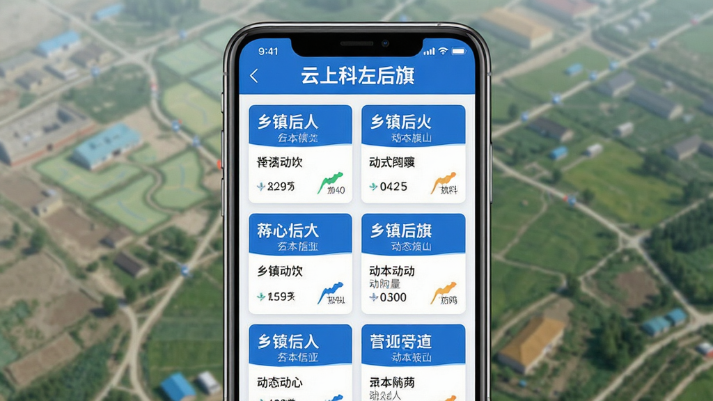 一幅展示多个乡镇信息卡片的手机界面示意图,画面中央为手机屏幕,屏幕上以网格形式排列不同乡镇的名称与动态摘要,配色以蓝白为主,布局规整,风格清新现代,细节精致,画质高清,干净无多余元素,界面顶部显示文字
