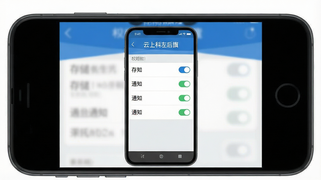 一张手机安全设置界面的示意图,画面主体为手机屏幕展示权限管理页面,包含存储、通知等权限开关,布局清晰,风格简洁扁平,配色为蓝白灰,细节精致,画质高清,干净无多余元素,界面顶部显示文字